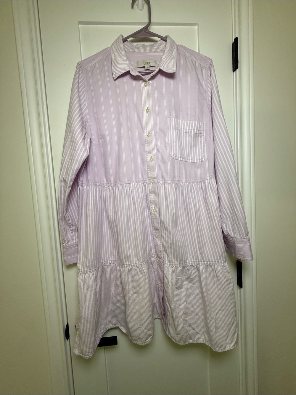 LOFT Women’s Pale Lavender Striped Tiered Shirt Dress